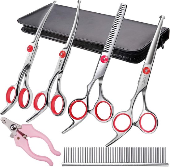 Foto: Dog grooming kit stainless steel round tip curved scissors thinning scissors comb pet hair trimming tool with extra nail clippers for dogs and cats