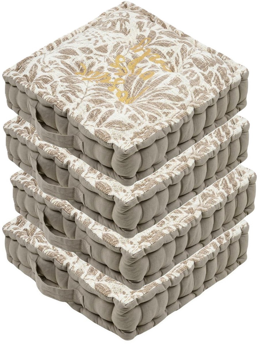 Stof Textile Vloerkussen Leaves - 4x - taupe/wit - katoen - 45 x 45 x 10 cm - vierkant - Extra dik - extra zitplaatsen - spelen - gamen - relaxen