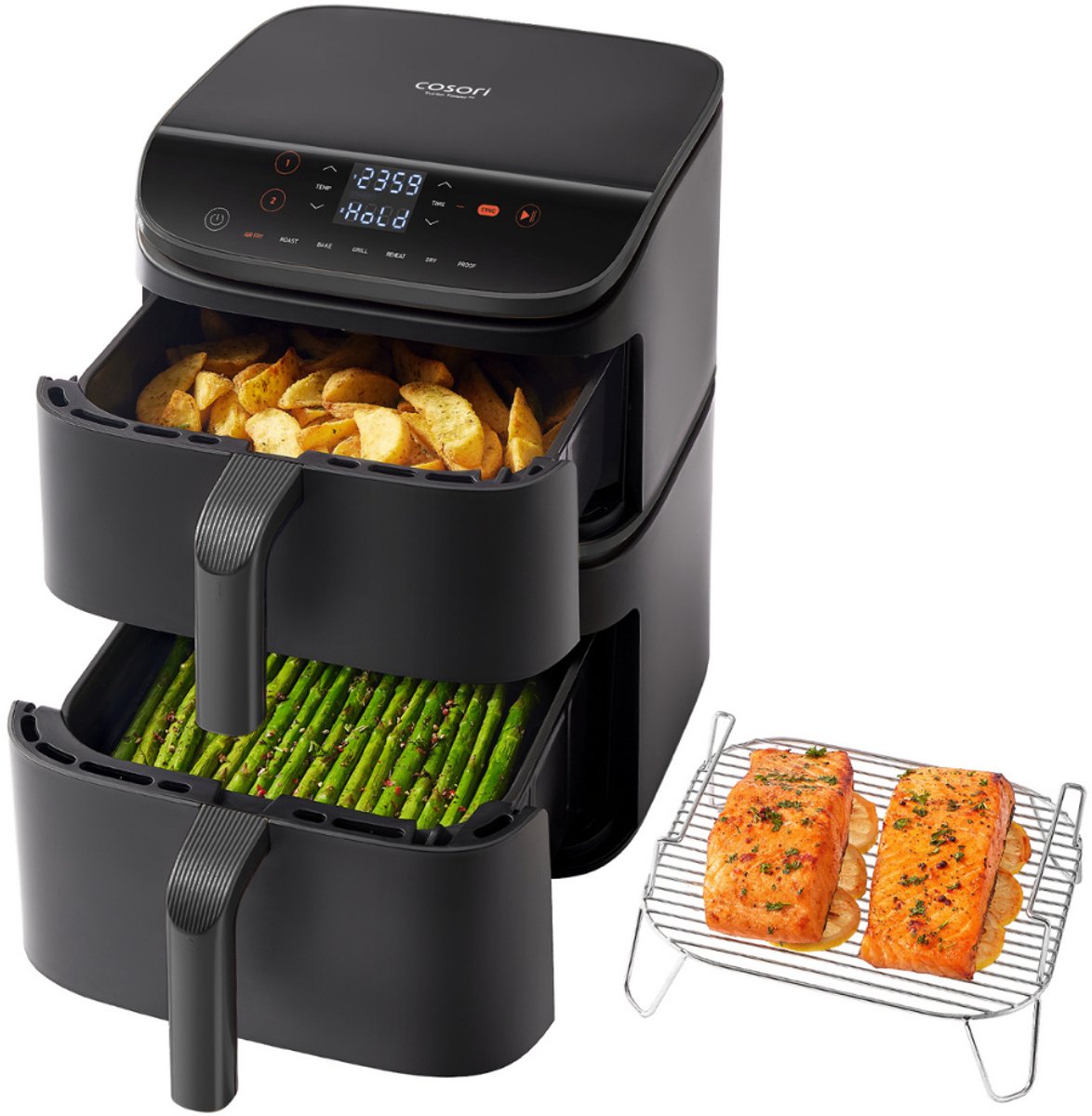 Afbeelding 2 van Cosori XXL Airfryer Turbo Tower - 10.8 liter inhoud - 2 manden apart in te stellen - 7 programma's - met 100 stuks bakpapier