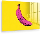 MuchoWow® Glasschilderij 180x120 cm - Schilderij acrylglas - Banaan - Grafisch - Geel - Foto op glas - Muurdecoratie woonkamer - Wanddecoratie slaapkamer - Schilderijen