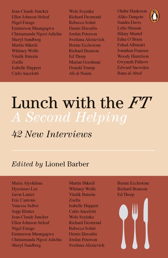 Boekcover voor 'Lunch met de FT: Een Tweede Hulp', met een lijst van namen en '42 Nieuwe Interviews'.