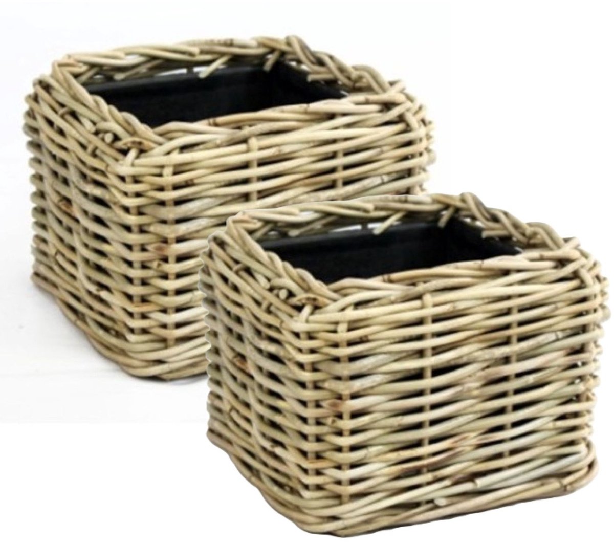 Van Der Leeden Planten/bloemen mand - 2x - vierkant - rotan - gevlochten riet - 25 x 25 x 18 cm - drypot