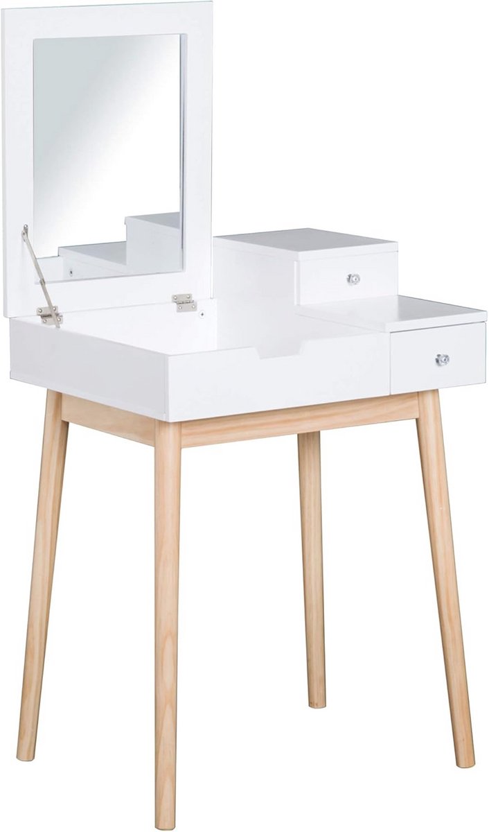 Make-uptafel met Inklapbare Spiegel - Compacte Toilettafel in Wit met Houten Poten 60 x 50 x 85,5 cm