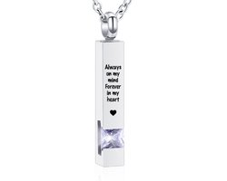 Luxe Ashanger | Met Ketting En Gravering | Always On My Mind Forever In My Heart | Assieraad | Zilverkleurig Met Licht Paarse Steen | As Ketting | Gedenksieraad | Urn | Incl. As vuller
