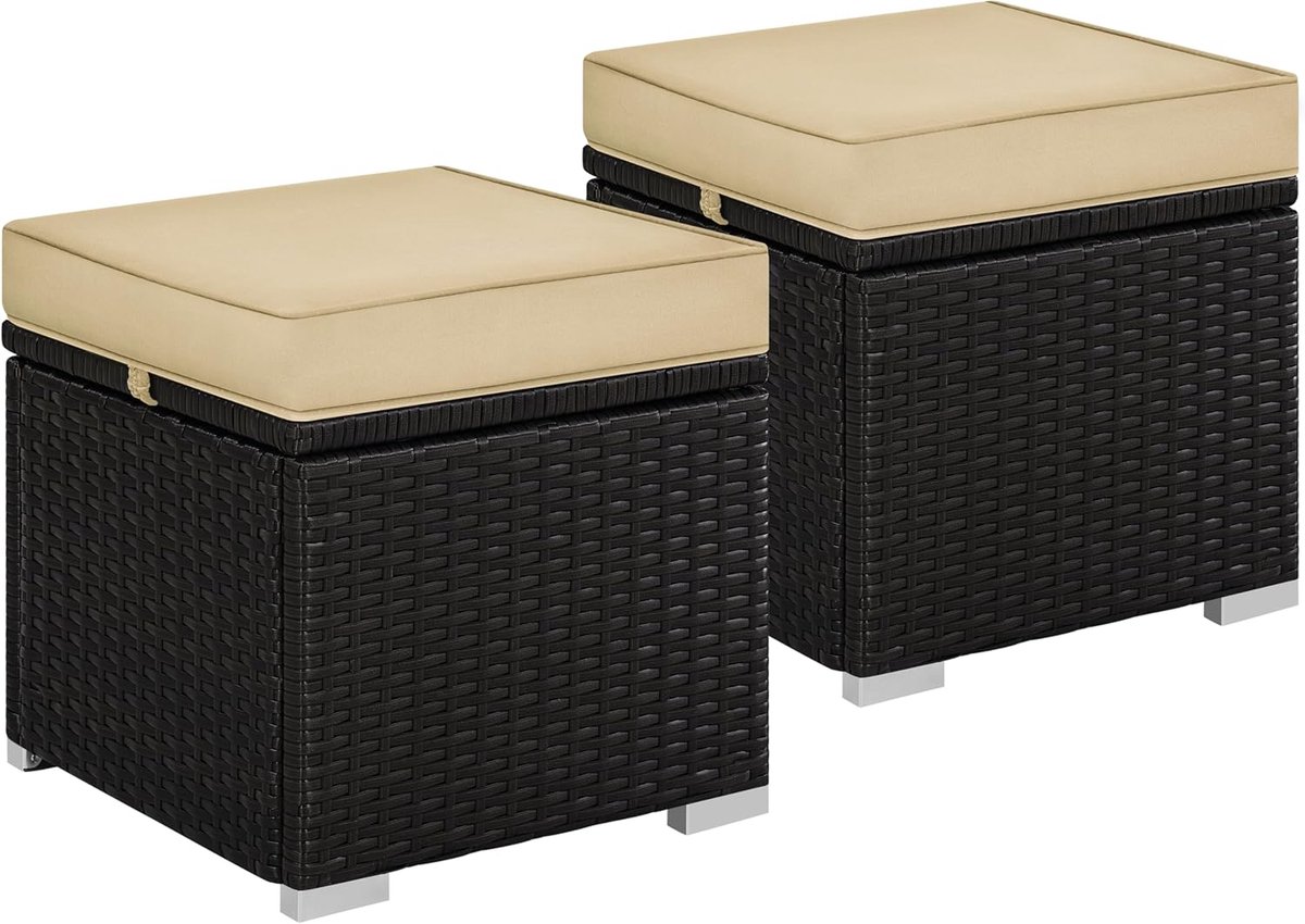 Set van 2 rotan krukken met opbergruimte en kussen - Veelzijdige zitoplossing voor tuin en terras