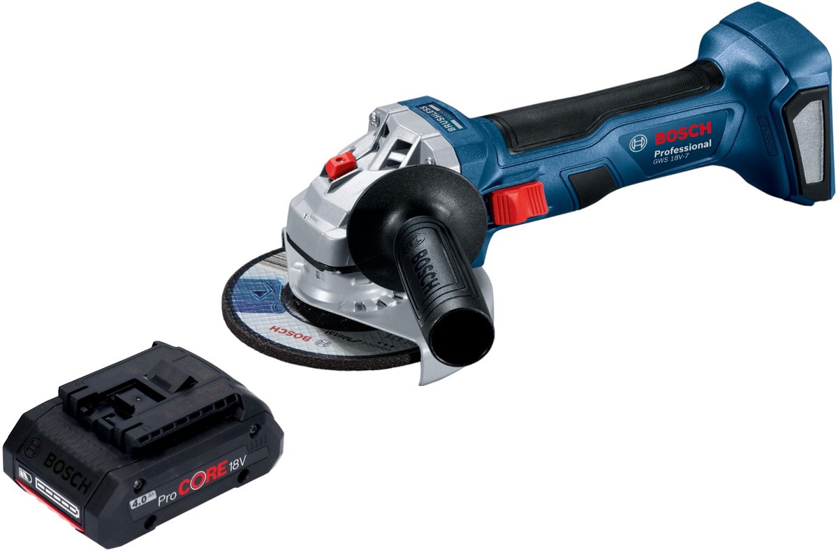 Bosch GWS 18V-7 Profi-accu haakse slijper 18 V 115 mm borstelloos + 1x ProCORE accu 4.0 Ah - zonder lader