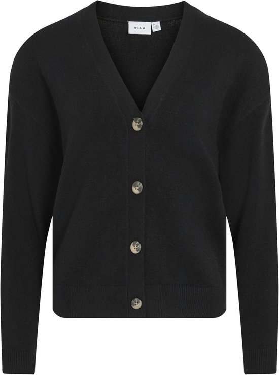 Gilet noir en tricot à col en V boutonnée, sans mannequin.