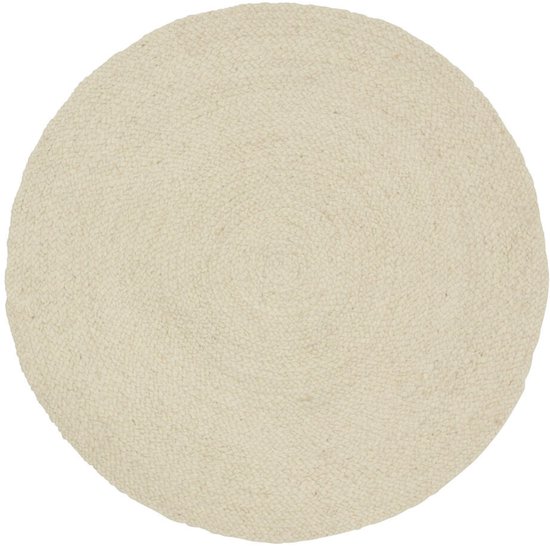 Rond, licht beige vloerkleed met een dicht textuurpatroon, van bovenaf gezien.