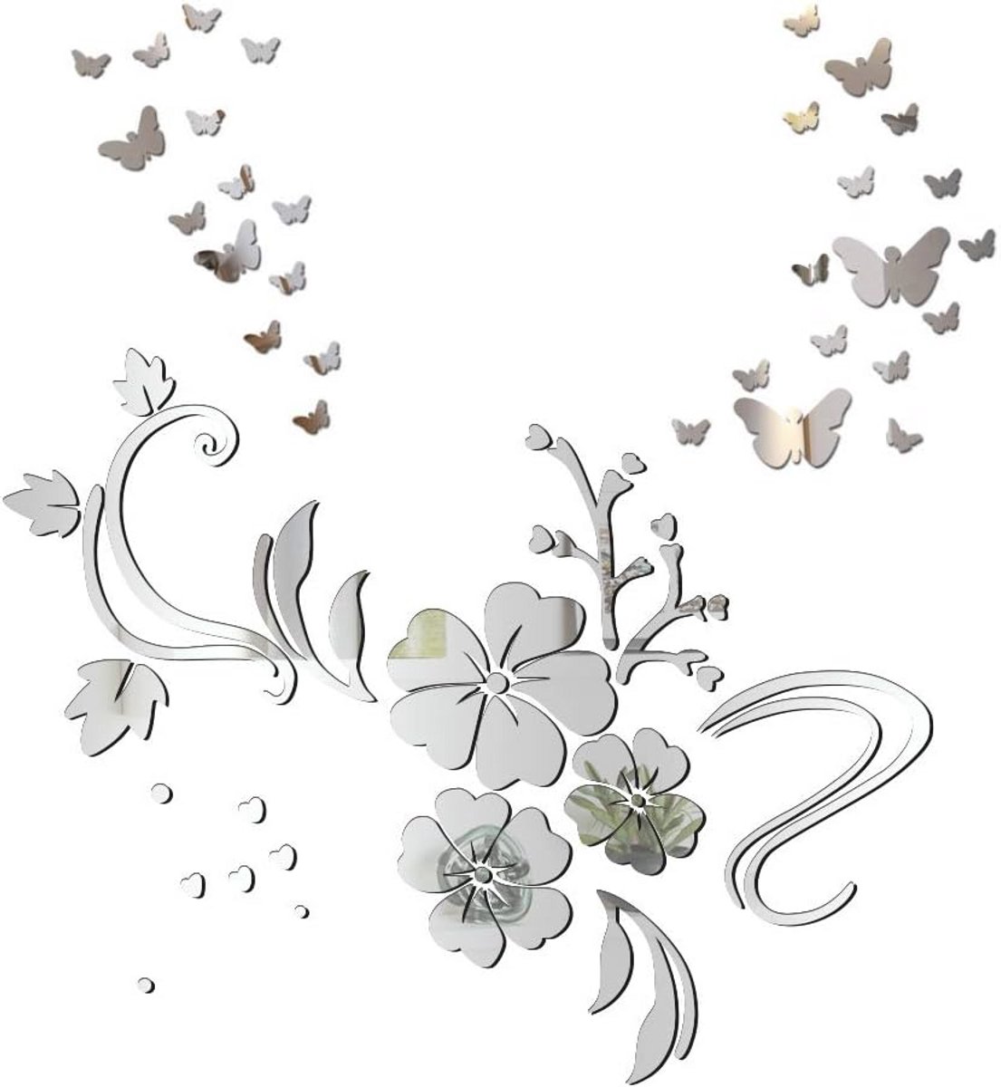 Spiegel Muurstickers Vlinder en Bloem voor Kinderen - Decoratieve Wandstickers voor Slaapk
