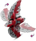 Grijze en rode LEGO T-6 Jedi shuttle met beweegbare vleugels, getoond in twee posities.