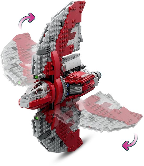 Grijze en rode LEGO T-6 Jedi shuttle met beweegbare vleugels, getoond in twee posities.