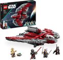 LEGO Star Wars T-6 Jedi shuttle met rode en grijze vleugels, vijf minifiguren en doos.