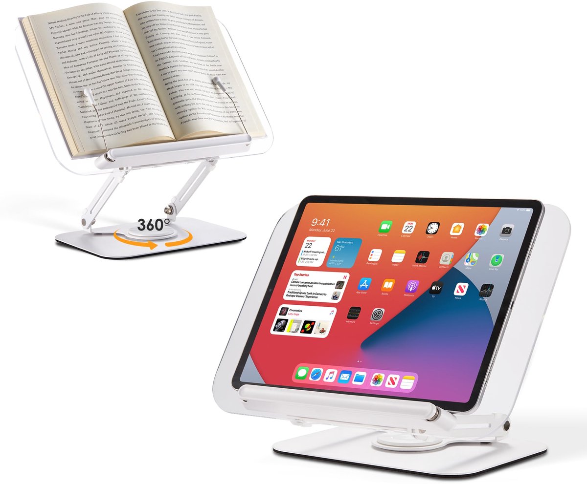 Ibenzoa® Verstelbare Aluminium Boekenstandaard met Draaiplateau en 360° Rotatie voor Tablets en Boeken