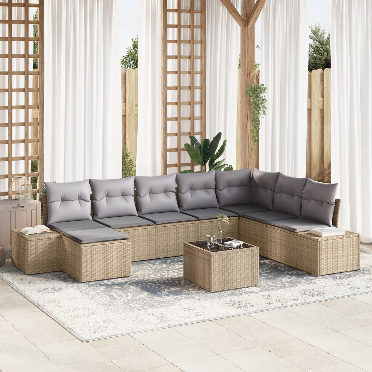 vidaXL - Tuinbank - Set - met - kussen - 8 - pcs - Beige - en - lichtgrijs - poly - rattan