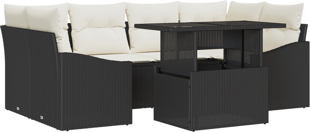 vidaXL - Tuinbank - Set - met - kussen - 7 - pcs - Zwart - en - crème - poly - rattan