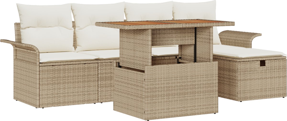 vidaXL - Tuinbank - Set - met - kussen - met - opslag - 6 - pcs - Beige - poly - rattan