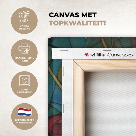 Close-up van de zijkant van een canvas, met iconen voor unieke designs, haarscherpe print, luxe afwerking en Nederlands product.