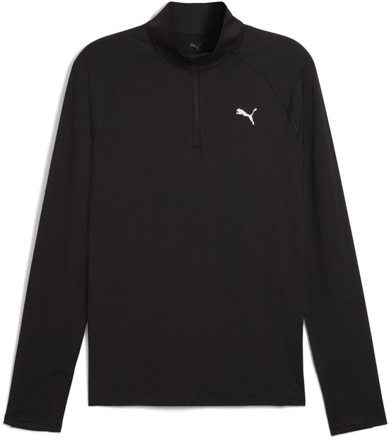 Zwarte PUMA sporttop met halve rits, lange mouwen en een zilveren Puma-logo op de linkerborst.