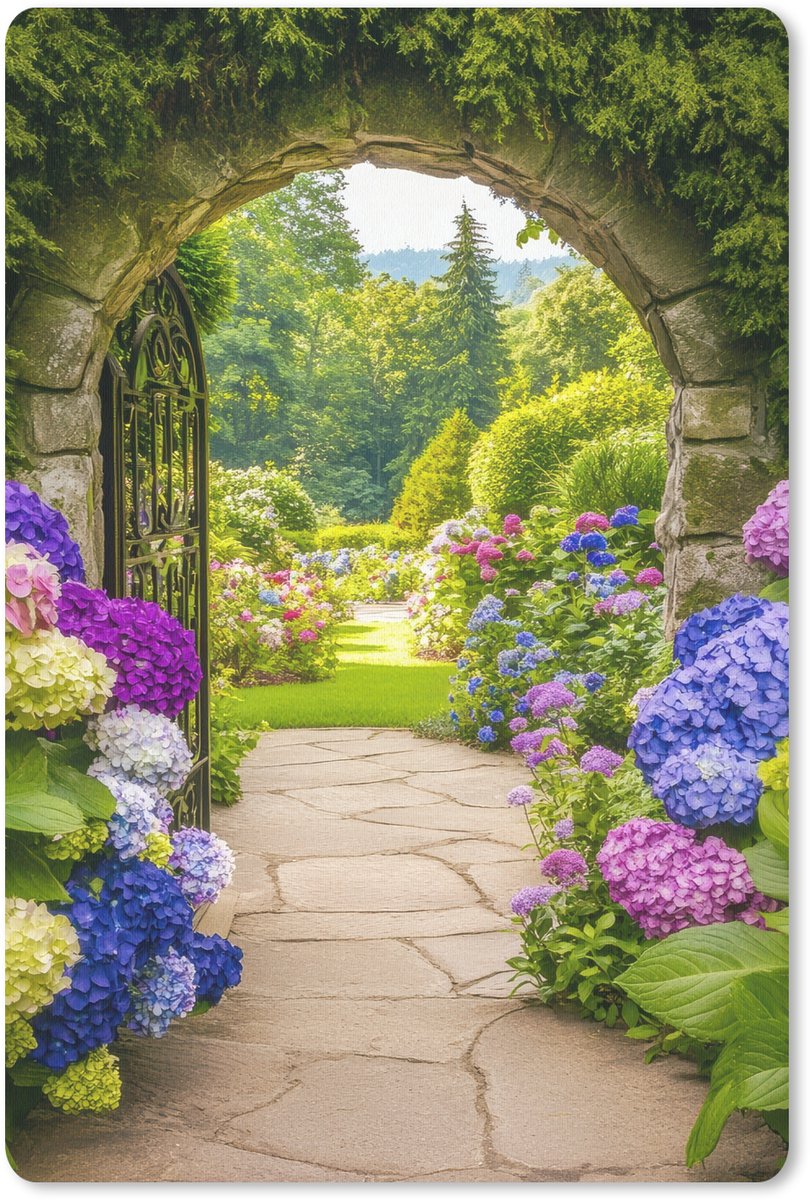 Muismat 18x27 cm - Mousepad Doorkijk - Poort - Hortensia - Bloementuin - Muismatten
