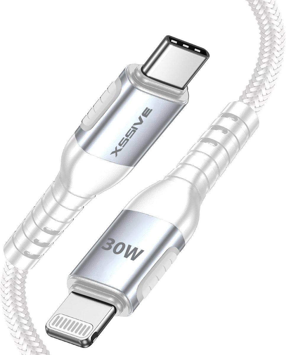 Xssive Gevlochten USB C Kabel - geschikt voor iPhone met Lightning - 27W - 1 Meter - Wit