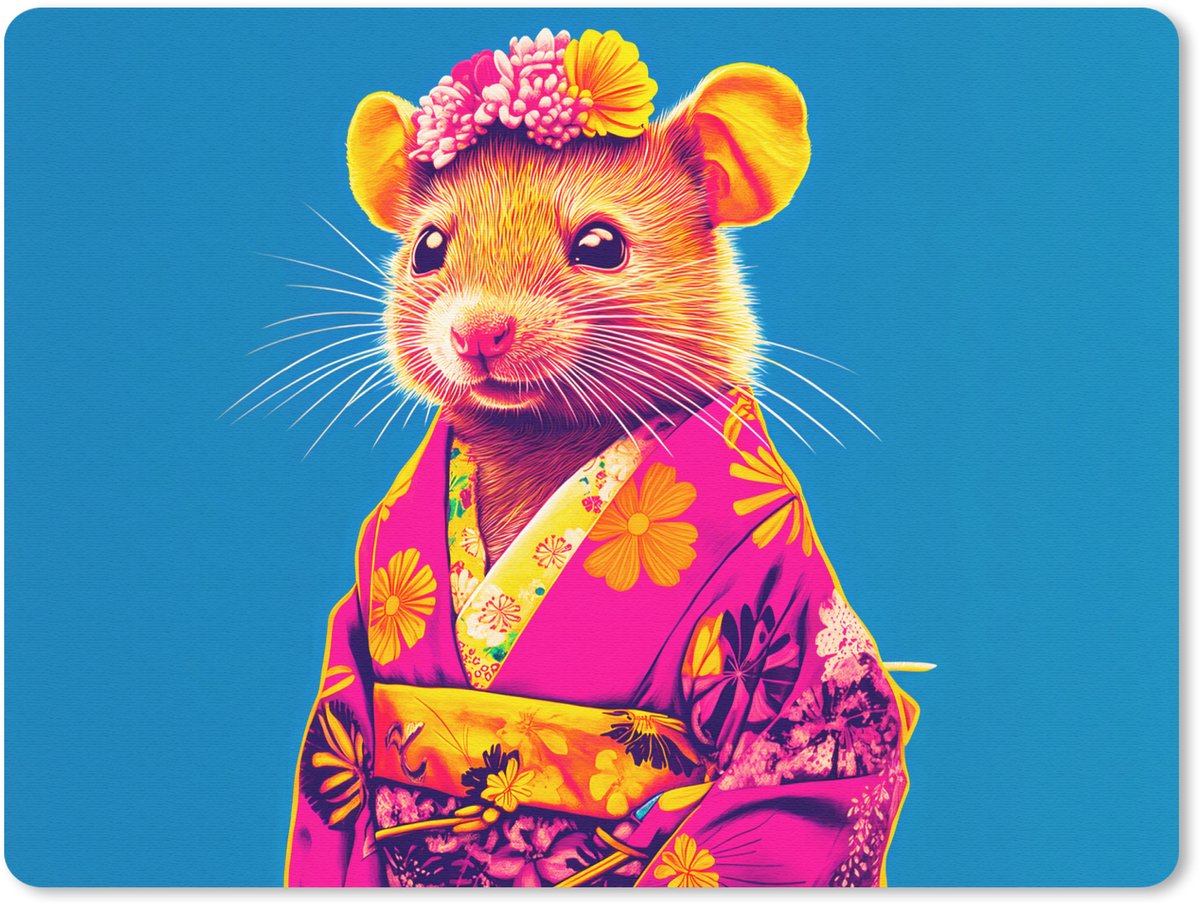 Muismat 23x19 cm - Mousepad Muis - Kimono - Bloemen - Blauw - Muismatten