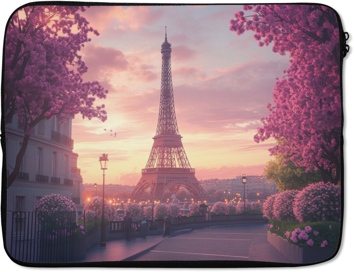 Laptophoes 15.6 inch - Eiffeltoren - Parijs - Roze - Laptop sleeve - Binnenmaat 37x26 cm - Zwarte achterkant