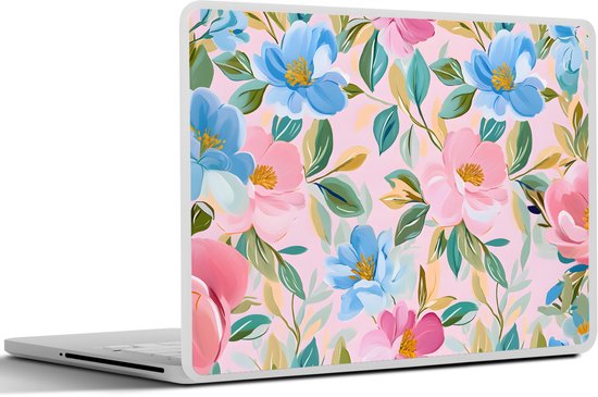 Sticker pour ordinateur portable - 14 pouces - Blauw - Rose - Fleurs - 32x5x23x5cm - Autocollants pour ordinateur portable - Skin pour ordinateur portable - Housse