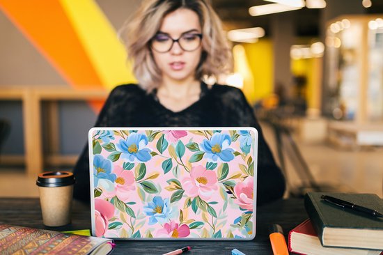 Sticker pour ordinateur portable - 14 pouces - Blauw - Rose - Fleurs - 32x5x23x5cm - Autocollants pour ordinateur portable - Skin pour ordinateur portable - Housse