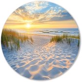 Strand bij zonsondergang met duinen - Strand schilderij rond - Ronde wandprint landschap - Realistische kunst - Aluminium - Decoratie kamer - muurcirkel aluminium 100x100 cm