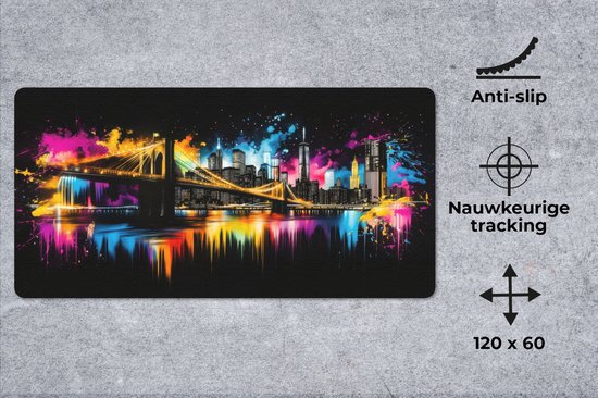 Muismat XXL 120x60 cm - Bureau onderlegger - Bureau mat Skyline - Brug - Verlichting - Kleuren - Bureaumat - Gaming mousepad xl - Bureaulegger groot - Computer deskmat