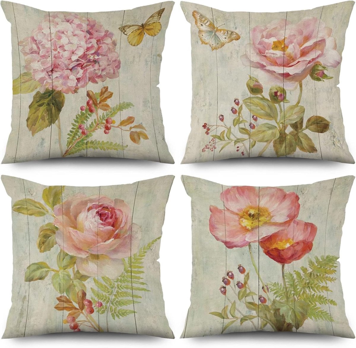 Ibenzoa Retro Bloem Kussenloop Set - 40x40cm, Beige, Vlas & Polyester, 4-delig kleurrijk