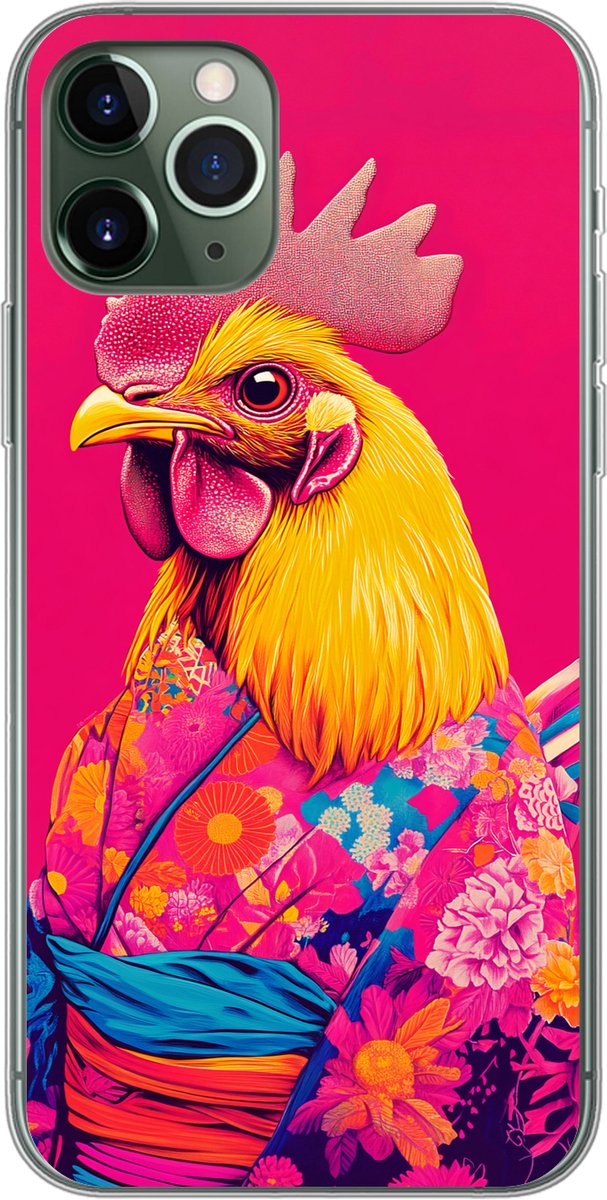 Telefoonhoesje Geschikt voor iPhone 11 Pro hoesje - Haan - Kleurrijk - Kimono - Roze - Siliconen Telefoonhoesje Telefoonhoesje