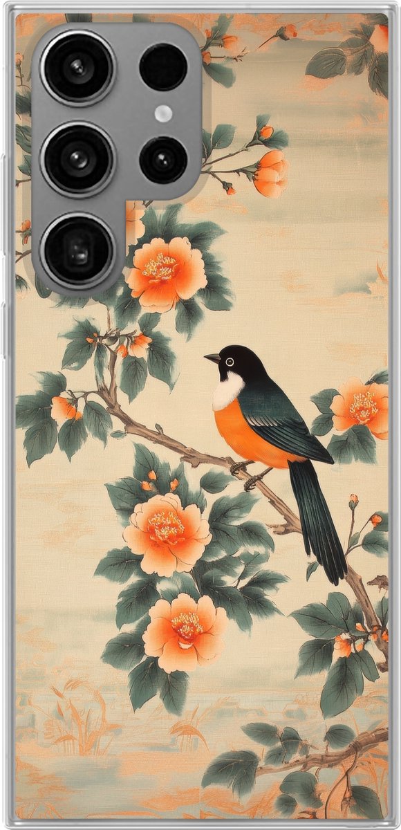 Telefoonhoesje Geschikt voor Samsung Galaxy S23 Ultra hoesje - Vogel - Tak - Bloemen - Oranje - Siliconen Telefoonhoesje Telefoonhoesje