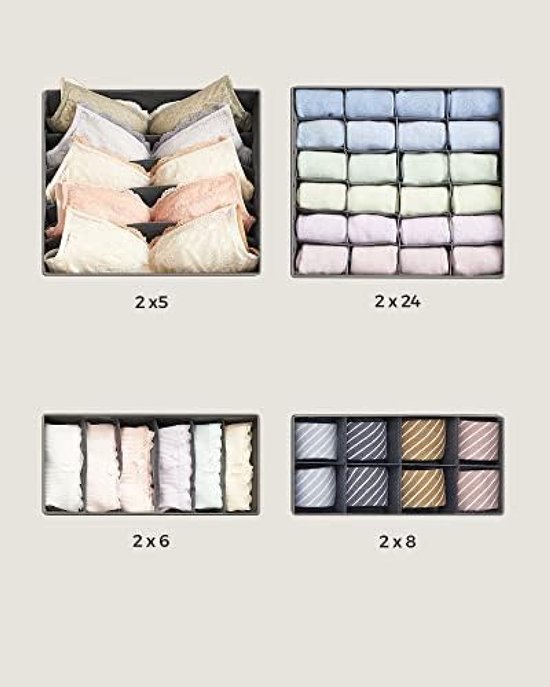Quatre organisateurs de tiroir gris avec soutiens-gorge, chaussettes et cravates. Dimensions 2x5, 2x24, 2x6, 2x8.