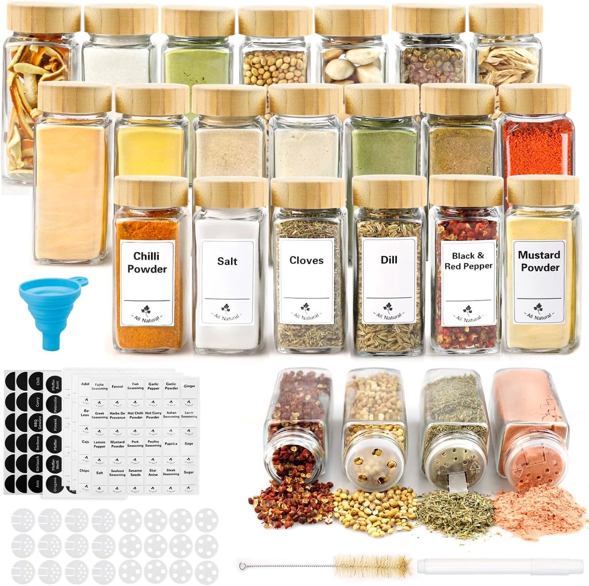 Kruidenpotjes Set - Bamboe Deksel - 24 Stuks - 120 ml - Vierkant
