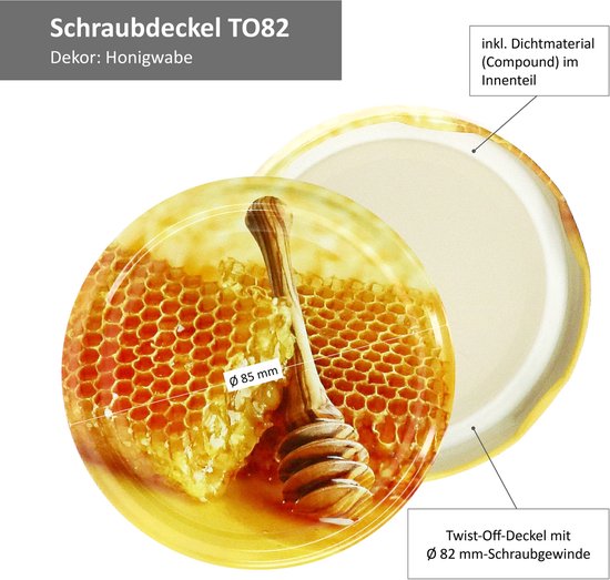 Goudkleurig deksel met honingraat en honinglepel afbeelding, met afmetingen.