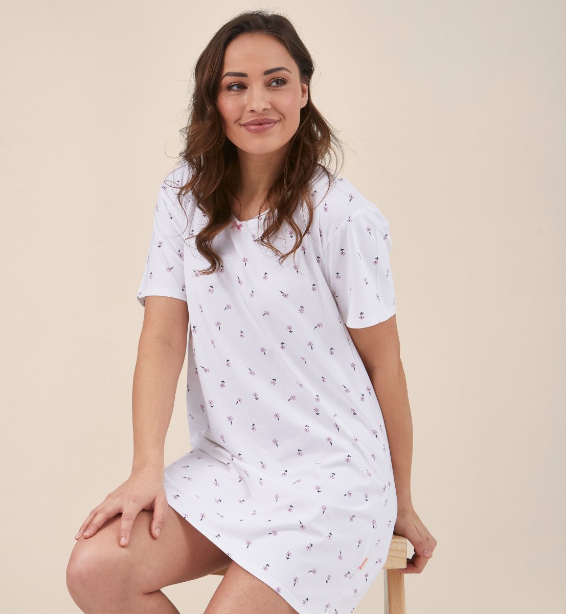 Little Label zomer nachthemd dames - wit bloemetjes-36 - extra zachte bio-katoen