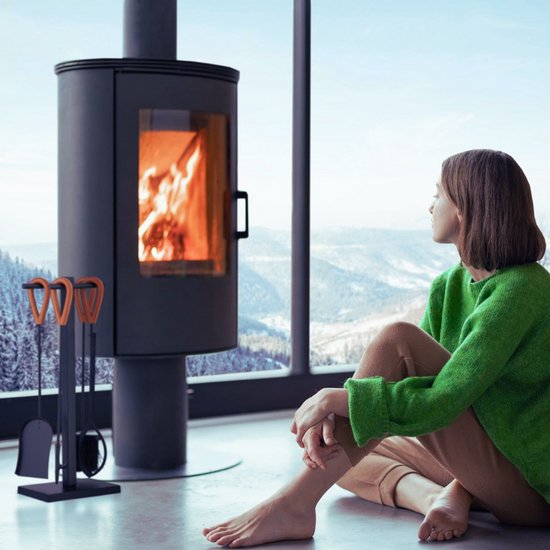 Relaxdays haardset 5-delig, modern, haardstel met pook, haardtang, haardbezem, asschep & houder, zwart