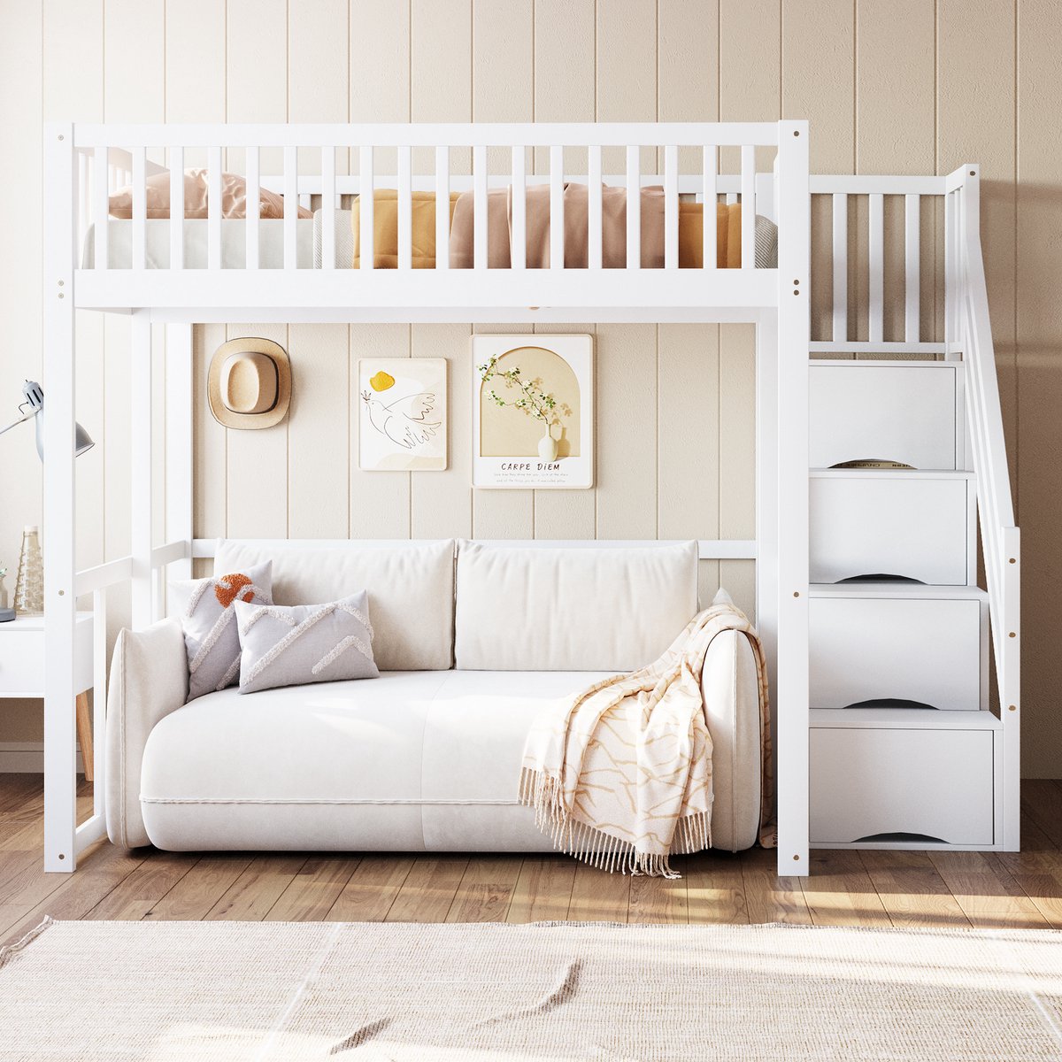 Pugsdrly Tweepersoonsbed Mezzaninebed Kinderbed 140x200 cm met veiligheidsladder, veiligheidsrand, massief grenen frame wit