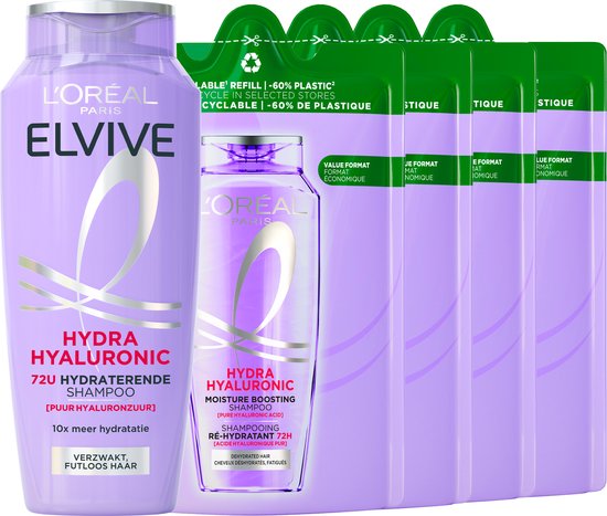 L'Oréal Paris Elvive Hydra Hyaluronic Shampoo & Refill - Voor verzwakt, futloos haar - 10x meer hydratatie - Hervulbaar - Navul verpakking - 5x 250 ml
