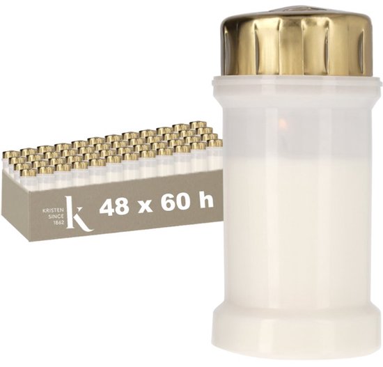 Bougie de cimetière blanche avec capuchon doré à côté d'une boîte de 48 bougies (60 heures de combustion).