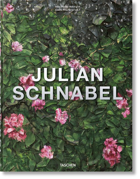 Boek met de titel 'JULIAN SCHNABEL'. De cover is een schilderij met groene bladeren en roze bloemen. Daaronder het logo van TASCHEN.