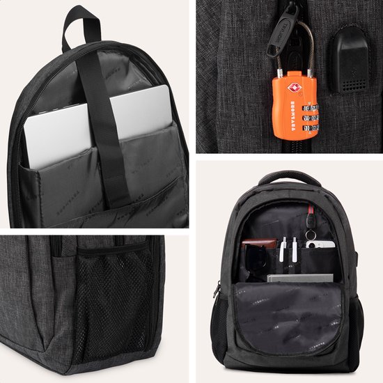 Donkere rugzak met compartimenten voor laptop, sleutels, bril en een oranje TSA-slot.