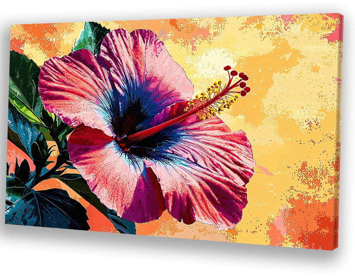 Hibiscus tegen kleurrijke achtergrond - Hibiscus canvas schilderij - Canvas bloem - Pop Art - Decoratie voor thuis - Muurdecoratie - canvas 100x75 cm