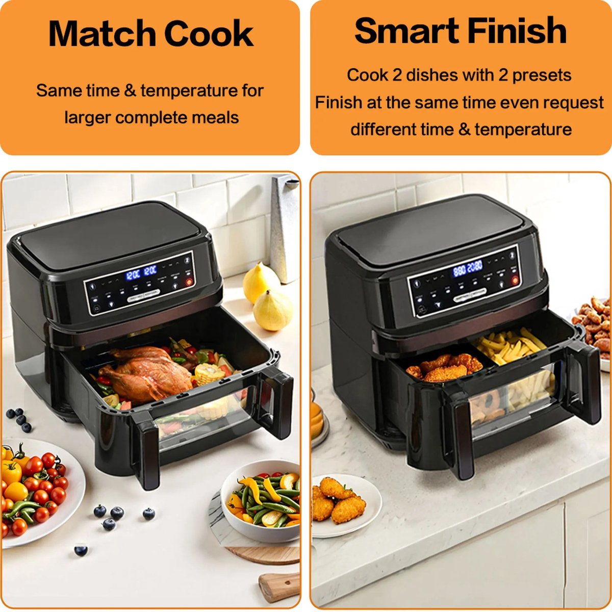 Afbeelding 2 van Heteluchtfriteuse – Airfryer - Airfryer Oven XXL - 12L - Dubbele Kookkamer Instelbaar - 2000W - 240V - 8 Voorgeprogrammeerde Programma's - LED Touchscreen - Kijkvenster - Zwart