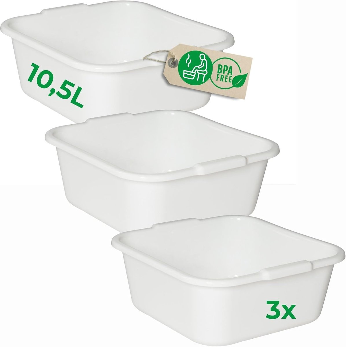 Novaliv 3x Vierkante Afwaskommen 10,5L, 34x34 cm, Wit, BPA-vrij, Vaatwasserbestendig, Ideaal voor Keuken en Camping, Bad, Grote Kunststof Kom, Vierkante Afwaskom, Afwasbak, Afwaskom