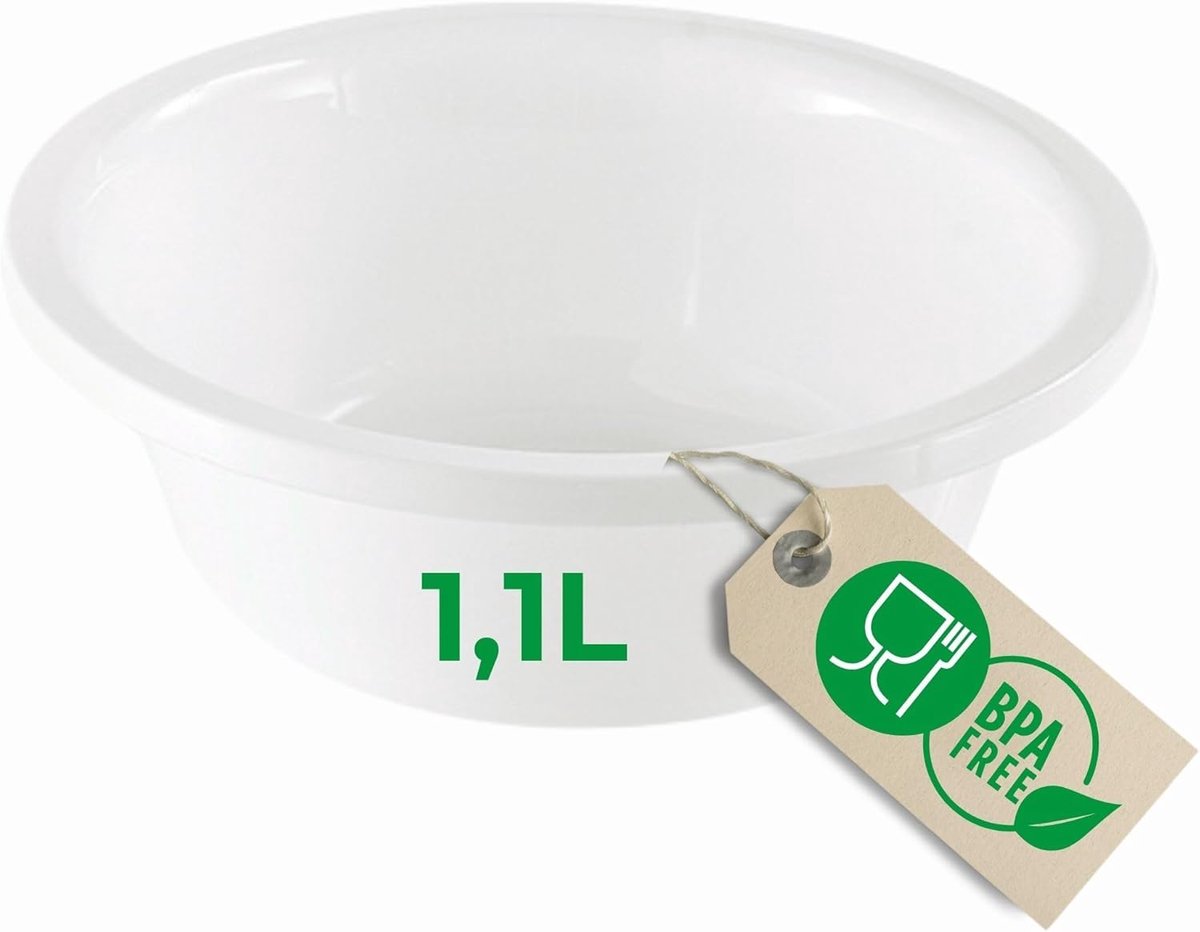 Novaliv Ronde Afwaskom 1,1L, D20 cm, Wit, BPA-vrij, Vaatwasserbestendig, Ideaal voor keuken en camping, kleine ronde kom, kleine plastic kom, kleine waskom, plastic kom