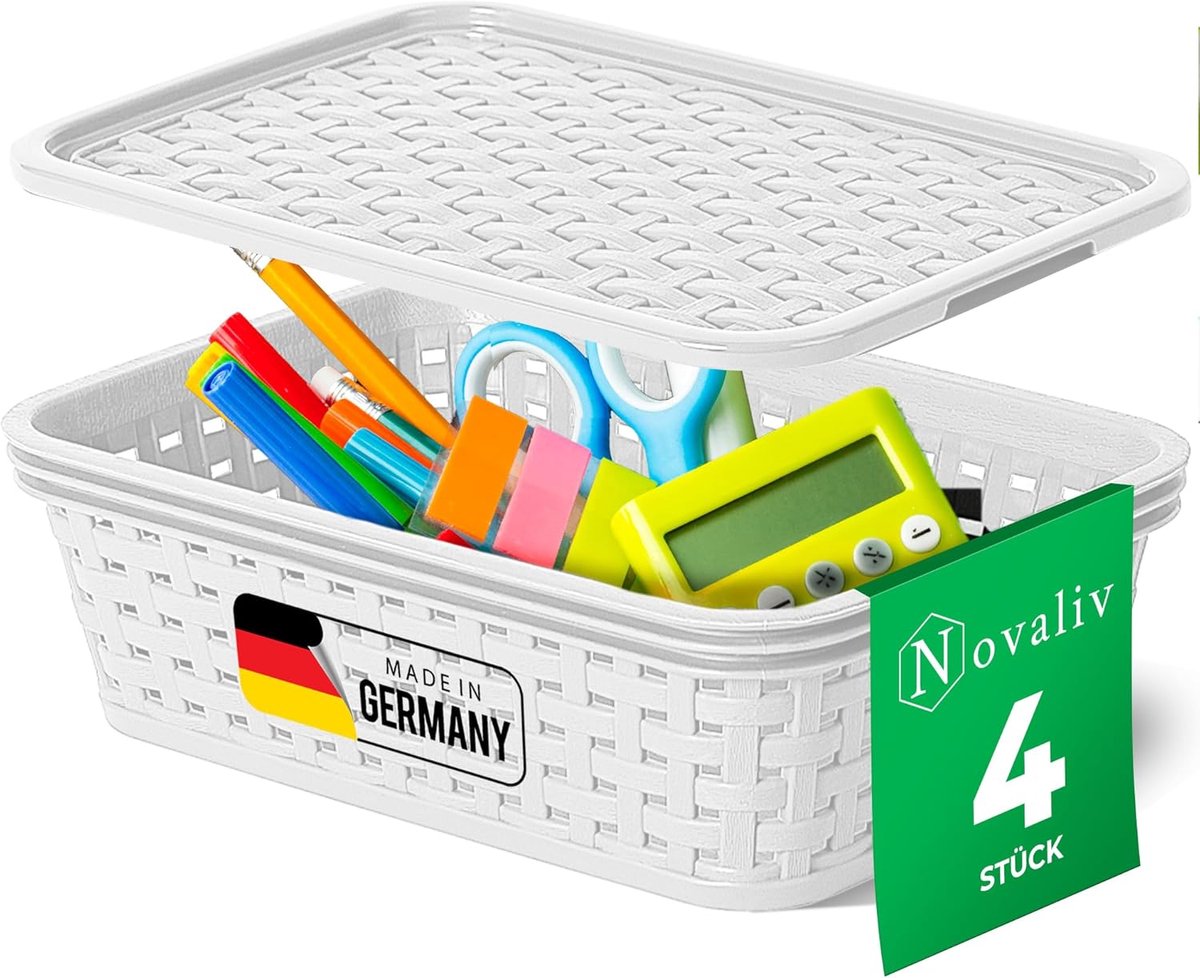 Novaliv set van 4 elegante opbergmanden met deksel in rotanlook | Wit voedselveilig plastic 1L? voor kantoor en thuis. Veelzijdige opbergdozen. Ideale opbergdoos