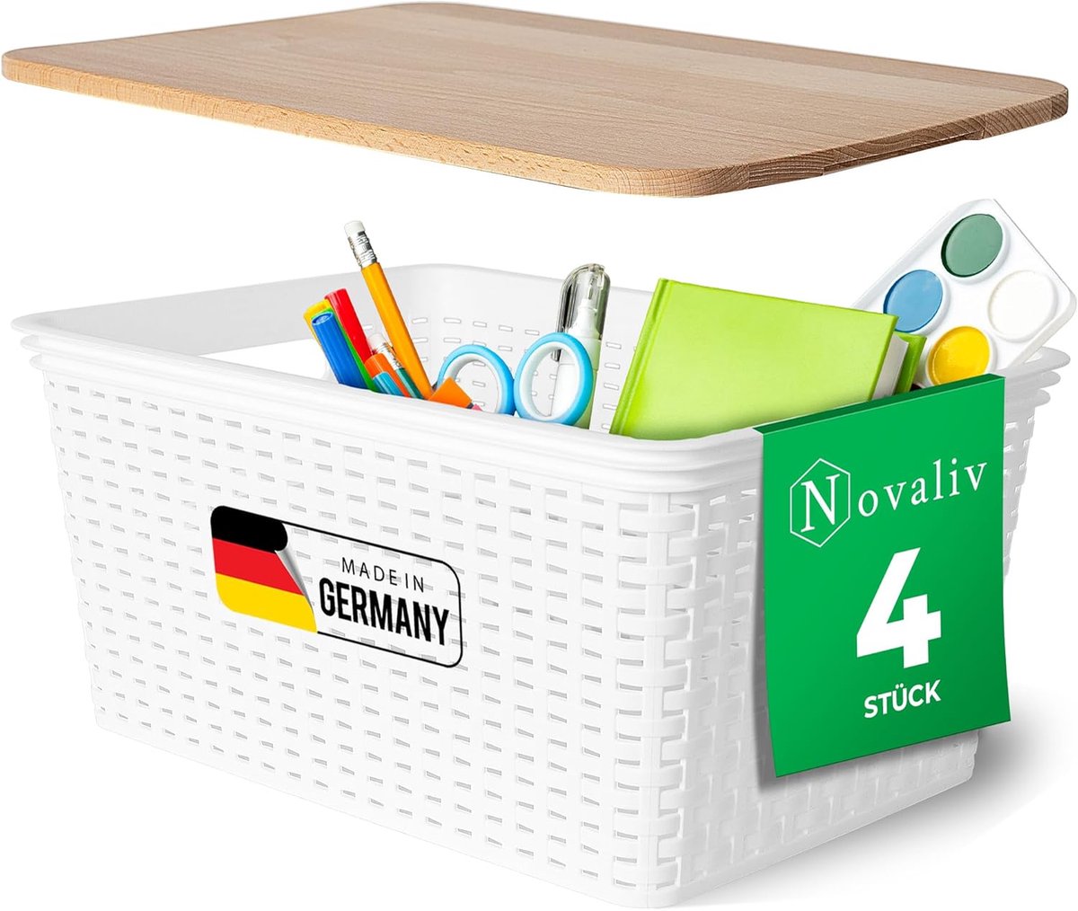 Novaliv set van 4 elegante opbergmanden met houten deksels in rotanlook | Wit voedselveilig plastic 14L? voor kantoor en thuis. Veelzijdige opbergdozen. Ideale opbergdoos