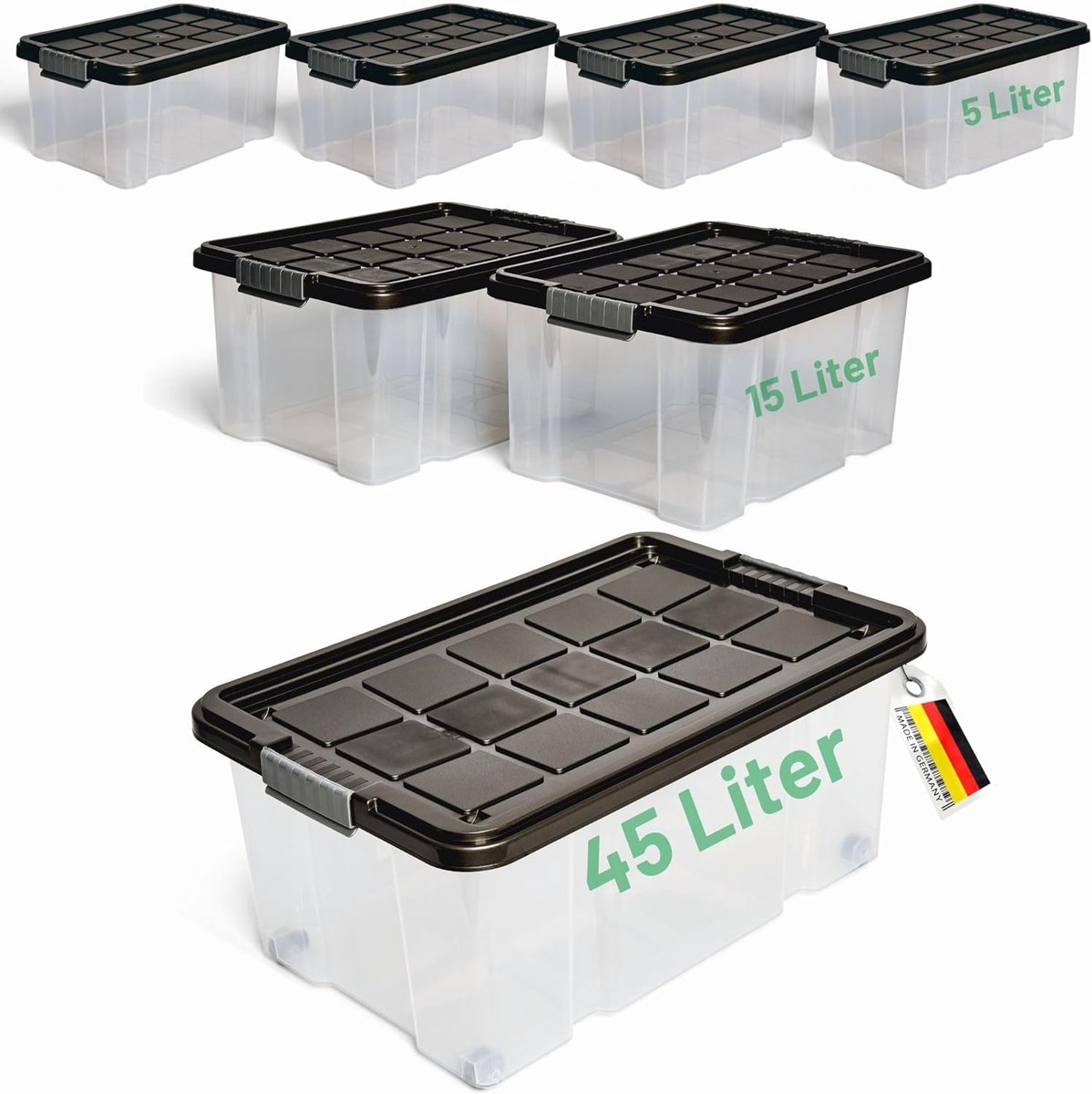 Novaliv 7-delige set opbergdozen met deksel, antraciet, 1x45 L + 2x 15 L + 4x 5 L, nestbaar, stapelbaar, clipsluiting, roldozen, BPA-vrij